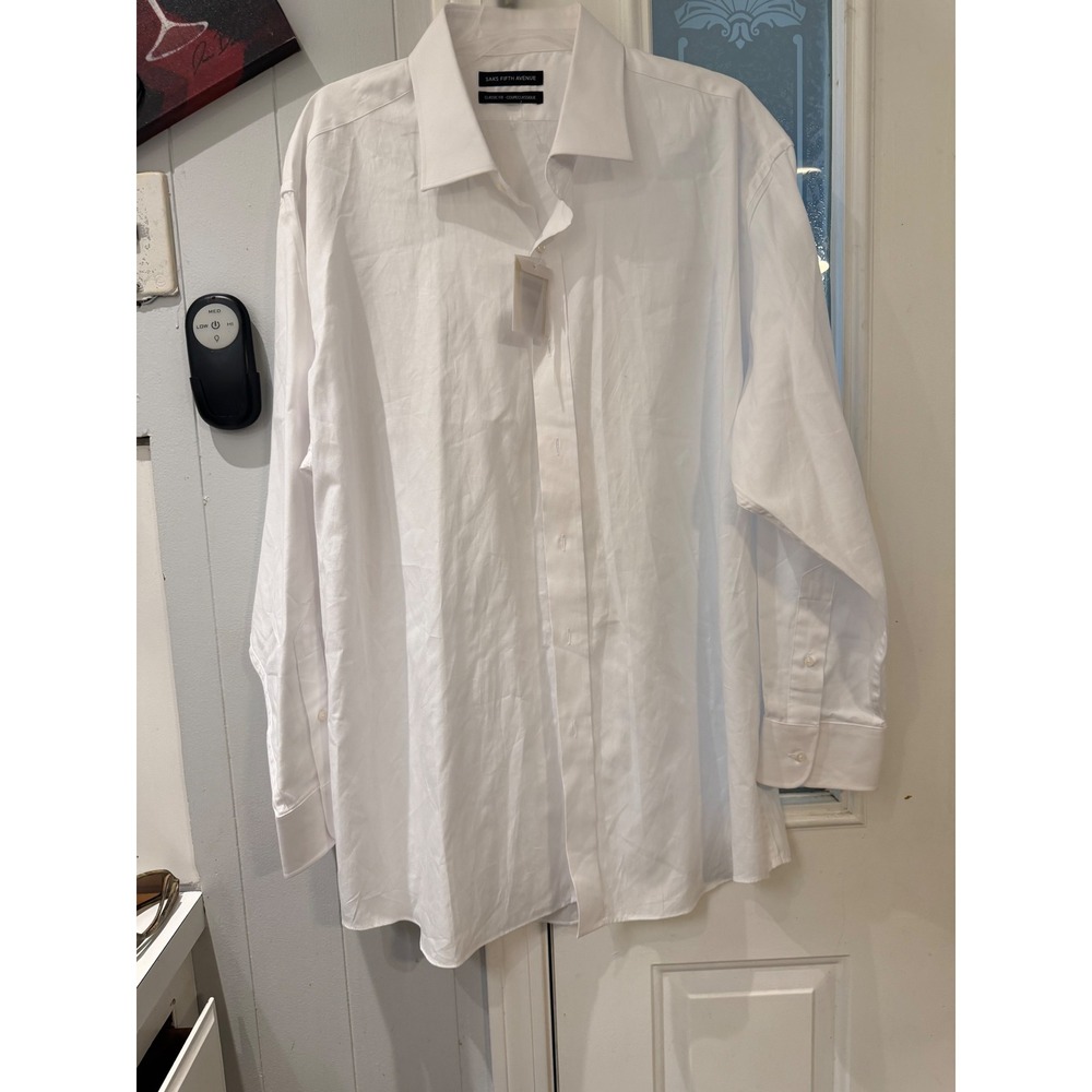 Saks Fifth Avenue Mens White Classic Fit Cotton Twill Dress Shirt 18 34/35